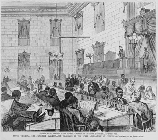 South Carolina--the November Election--the Dead-Lock in the State Legislature at Columbia by Harry Ogden. From Frank Leslie's Illustrated, v. 43 (1876 December 16), cover. Courtesy of Library of Congress, Prints and Photographs Online Catalog.